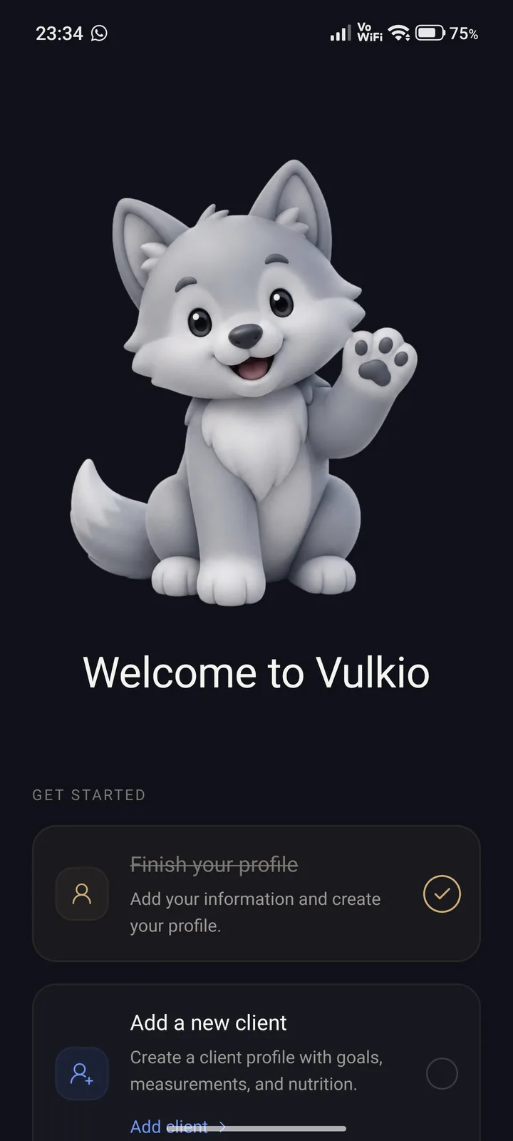 Vulkio welcome screen